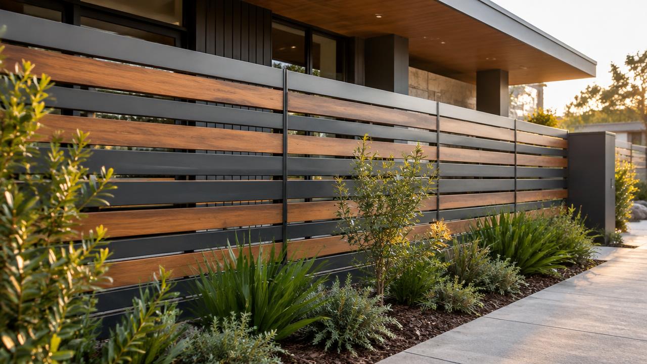 Modern timber and aluminium horizontal slat feature screen